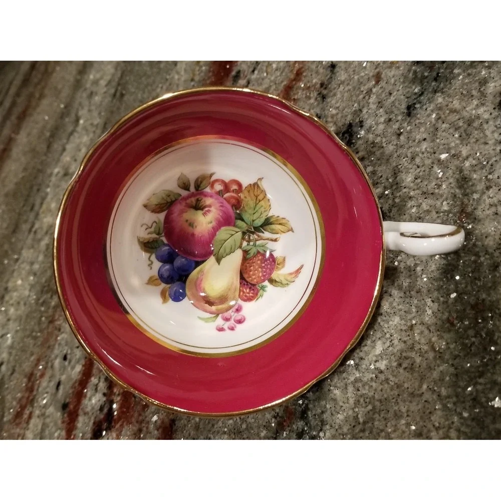 Vintage Windsor Bone China Cup and Saucer With Fruits Deep Pink England